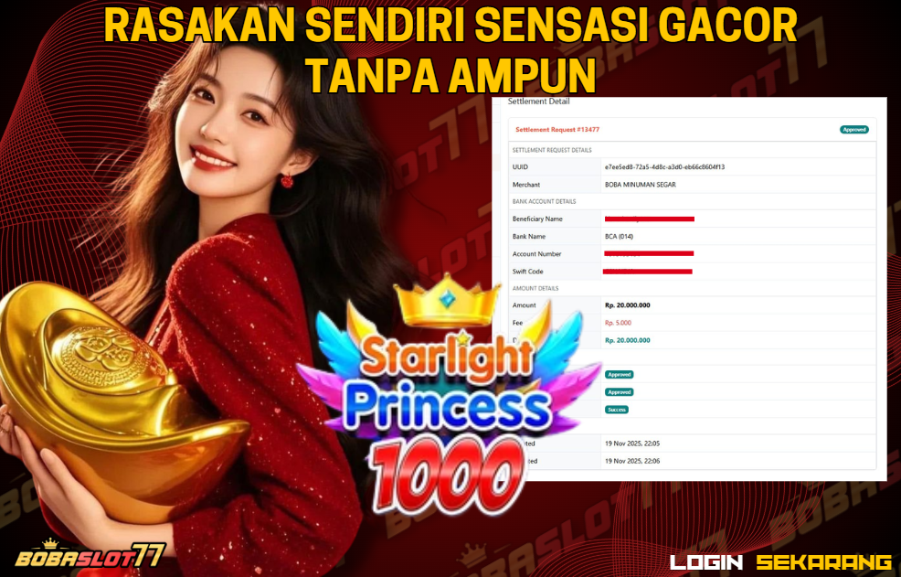 Selamat kepada user id : sa***07 Wede Rp 20.000.000 di Game STARLIGHT PRINCESS 1000 PRAGMATIC PLAY Cair Gk Sampe 1 Menit! Menang Mudah di Bobaslot77